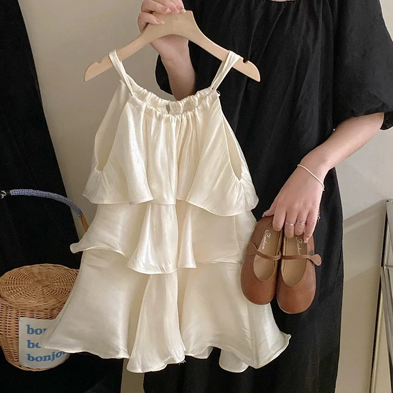 Children Trendy Dresses Girls Summer Elegant Spaghetti-Strap Dresses Kids Resort-Style Tiered Dresses 2-8 Years