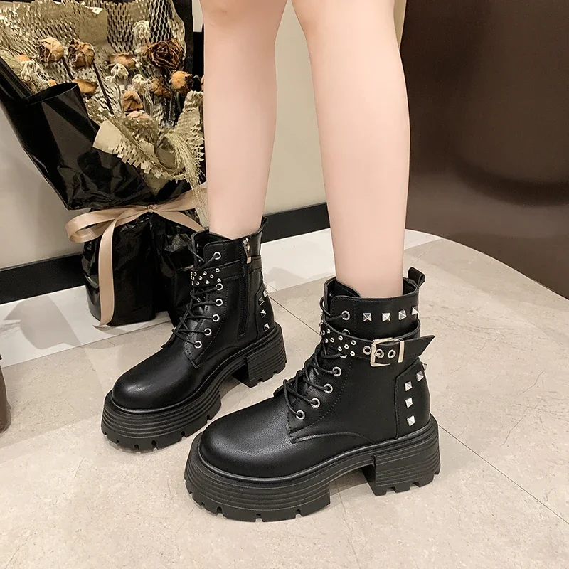 Women\'s Rubber Boots Footwear Zipper Rain Ankle 2024 New Lolita Autumn Women\'s Rock Solid Color Roman Basic Style Zapatos