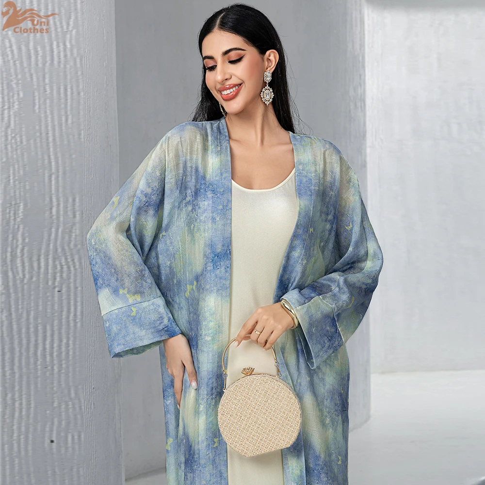 Fashion Elegant Dubai Turkish Abaya 2 Piece Matching Set Muslim's Women Inner Under Dress Abayas Open Front Cardigan Suit Islam