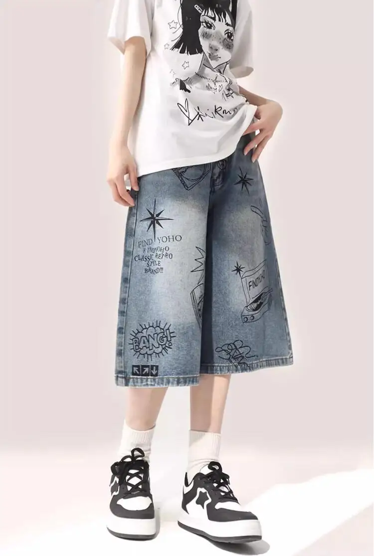 Graffiti 7/7 denim shorts women's summer American retro loose couple straight leg wide leg 5/5 mid pants trendy