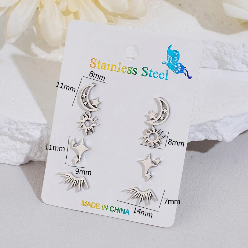 4Pairs/Lot Stainless Steel Earrings Sets 2025 Delicate Half Circle Sun Design Fashion Stud Earrings Star Moon Jewelry Pendientes