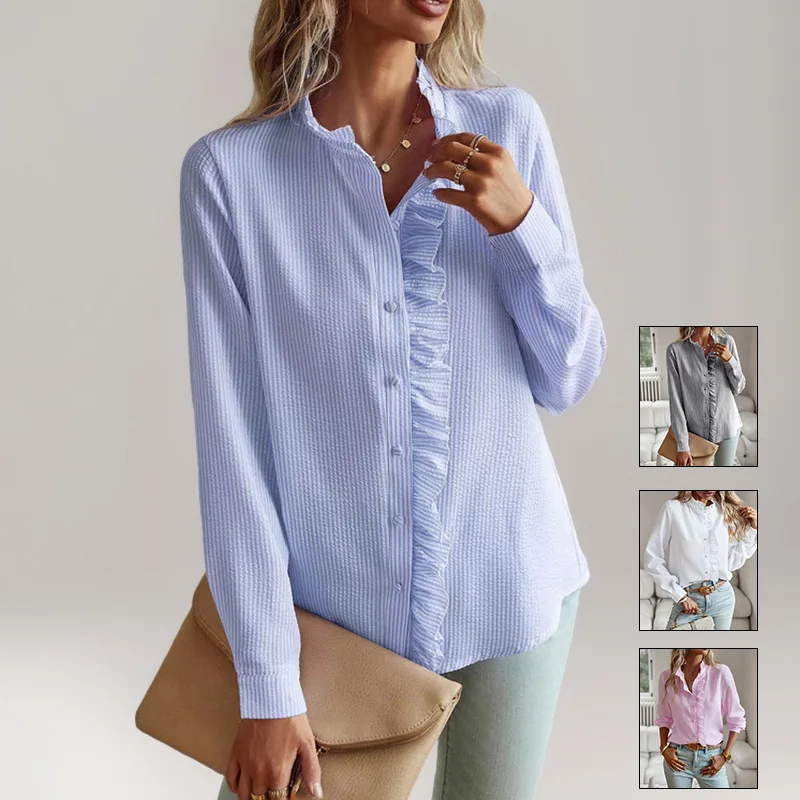 

Women's Shirt Fashion 2025 Spring Summer New Temperament Casual Commuter Blouse Ladies Cardigan Ruffled Long Sleeve Bubble Top