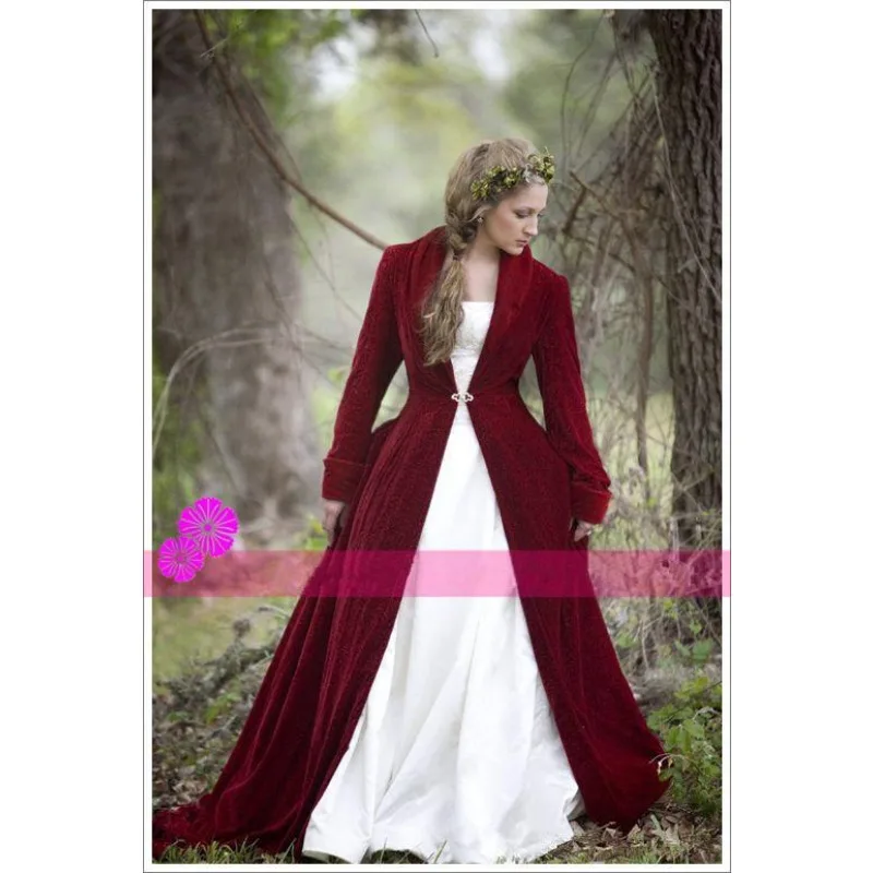 

Christmas Burgundy Red Velvet Bridal Cloaks With Long Sleeves Sweep Train V-Neck Winter Wedding Capes / Jackets / Wraps