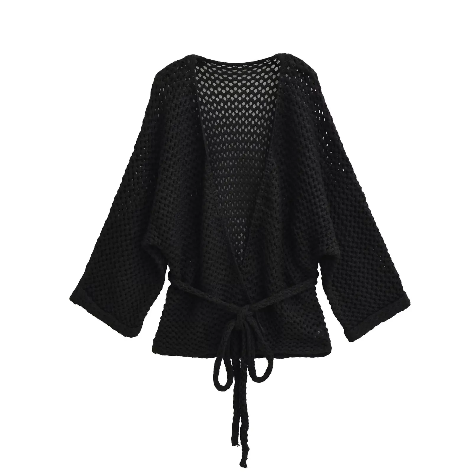 Sexy Knitted Open Cardigan Waist-Cinching Hollow out Long Sleeve Body-shaping Trendy Outerwear Women's Loose Fit Mid-Length V...