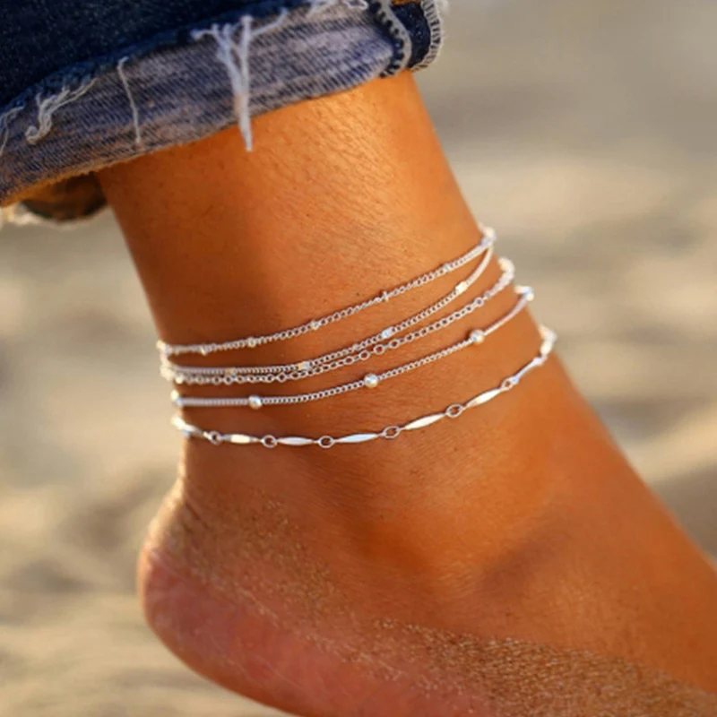 Bohemian Multi Layer Anklet Set For Women Sparkling Thin Chain Cross Pendant Bracelet On Leg Foot Summer Beach Trendy Jewelry