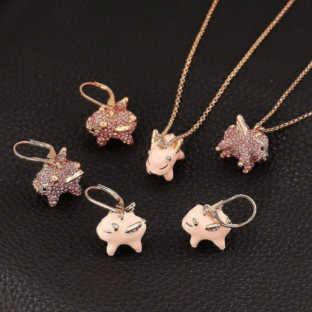 Copper Gold Plated Pink Enamel Glaze Full Rhinestone Paved Pig Charm Earrings Necklace Fashion Cute Versatile Accessories Set