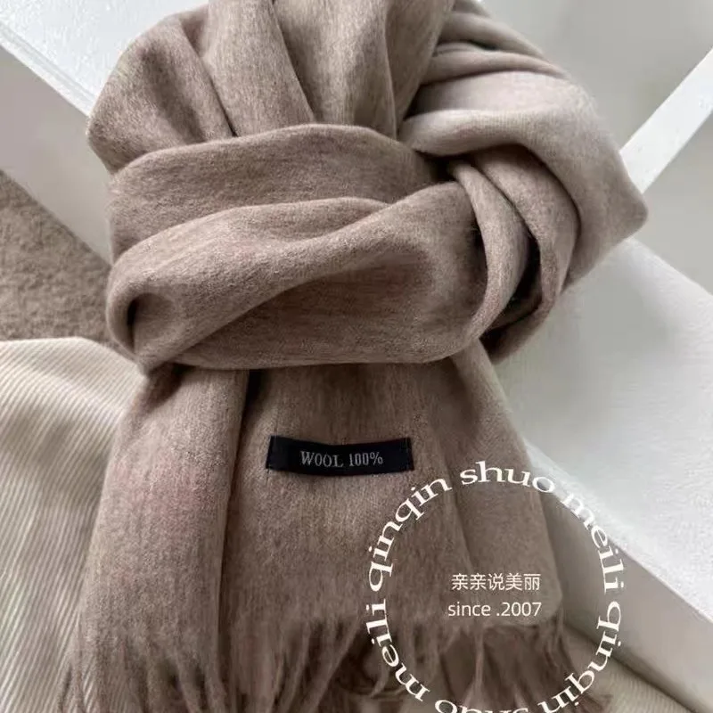 

Двусторонний шерстяной шарф с бахромой из 100% шерсти, осенне-зимний новый простой и универсальный мужской и женский теплый маленький шарф