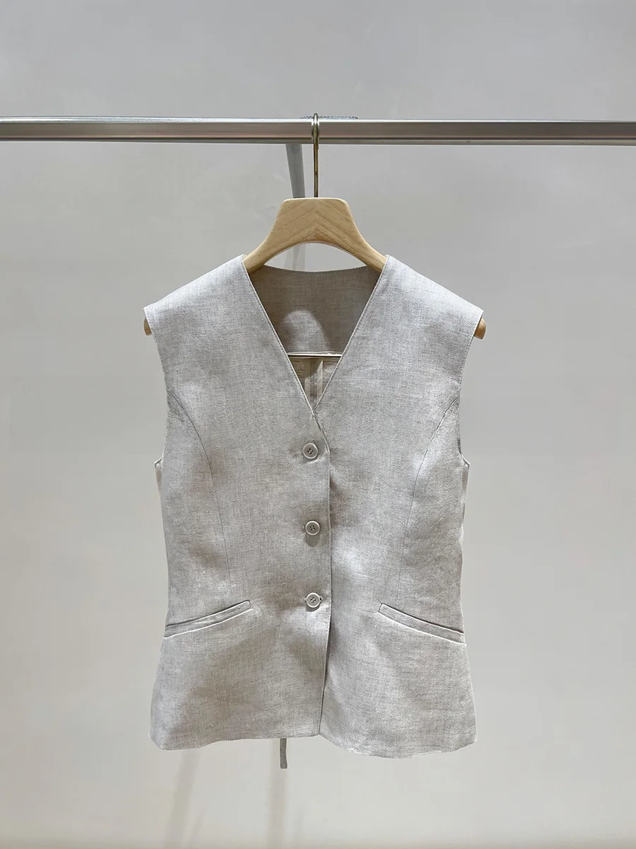 

Linum Usitatissimum, летний клетчатый костюм в клетку, жилет, женский костюм длиной, V-Ne, с застежкой на одной пуговице, чистый цвет, 00% лен