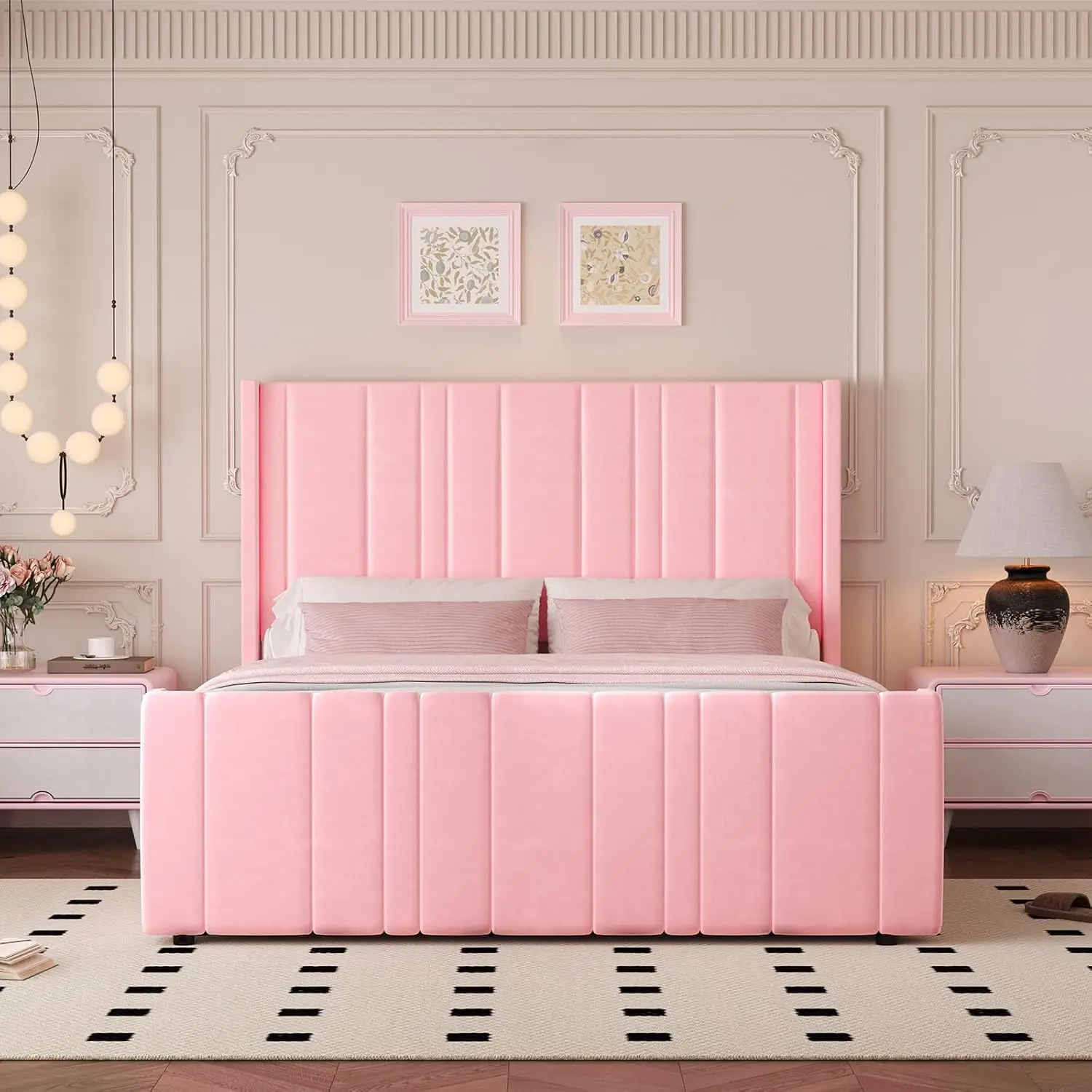 ueen Bed Frame Pink Upholstered Bed with Vertical Channel Tufted Headboard & 22