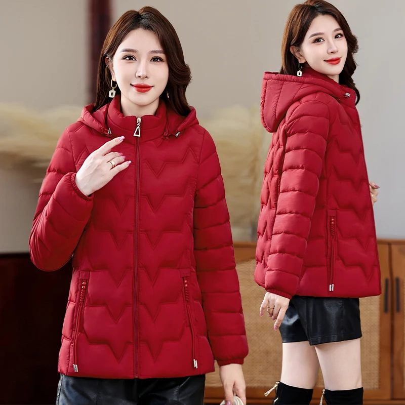 

Thiened down Cotton Jaet Women's Coat Hooded Faionable Warm Large Size Mommy Clothes Versatile ort Sle Zipper Closure