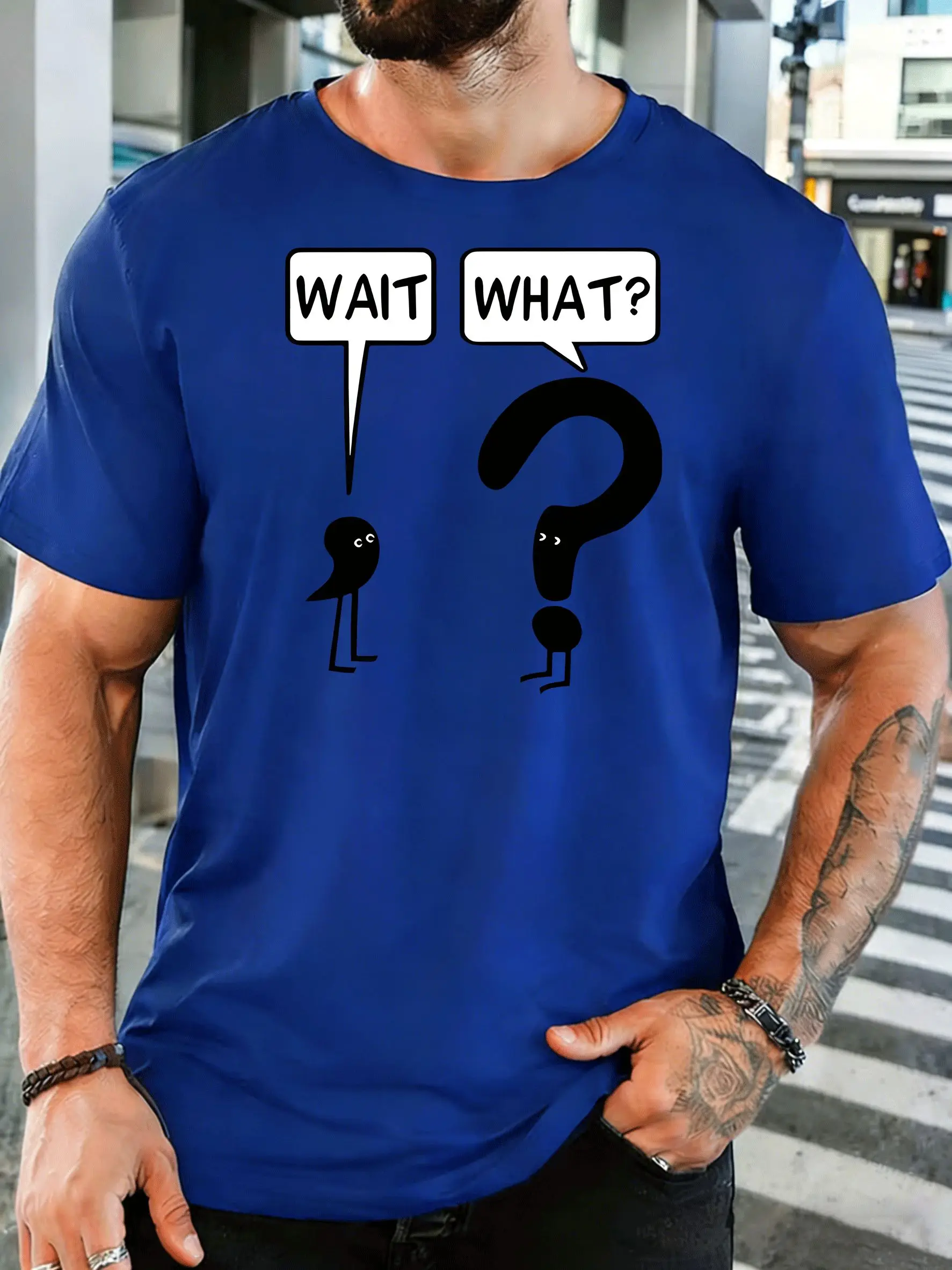 Funny Wait What Stick Figure Mens Front Print T Shirt Question Mark Cartoon Graphic Tee Casual Short Sleeve Top Humor Lover Gift