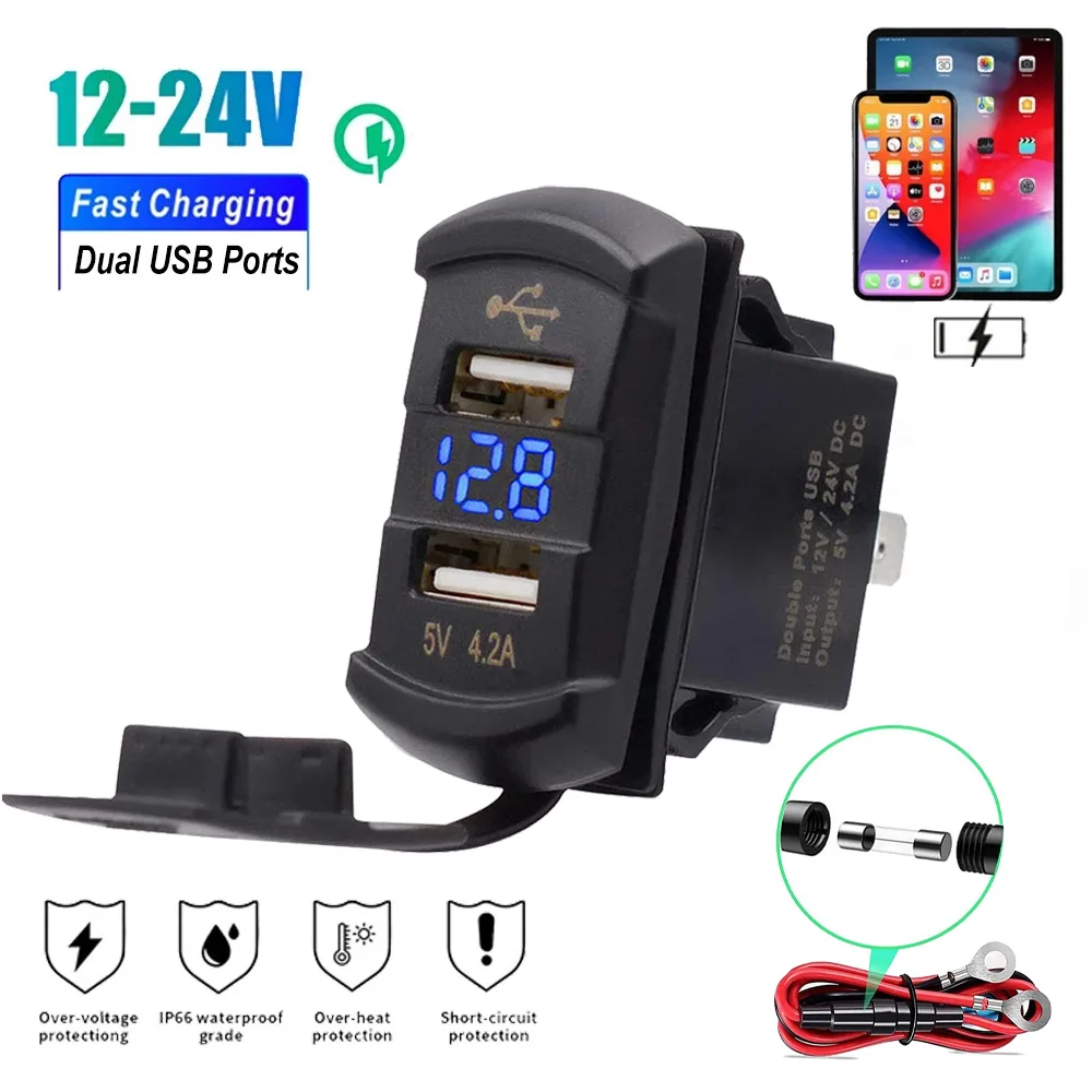 

12-24V Dual USB Car Charger 5V/4.2A Bus Car Charging Charger with LED Voltmeter Display Accessories