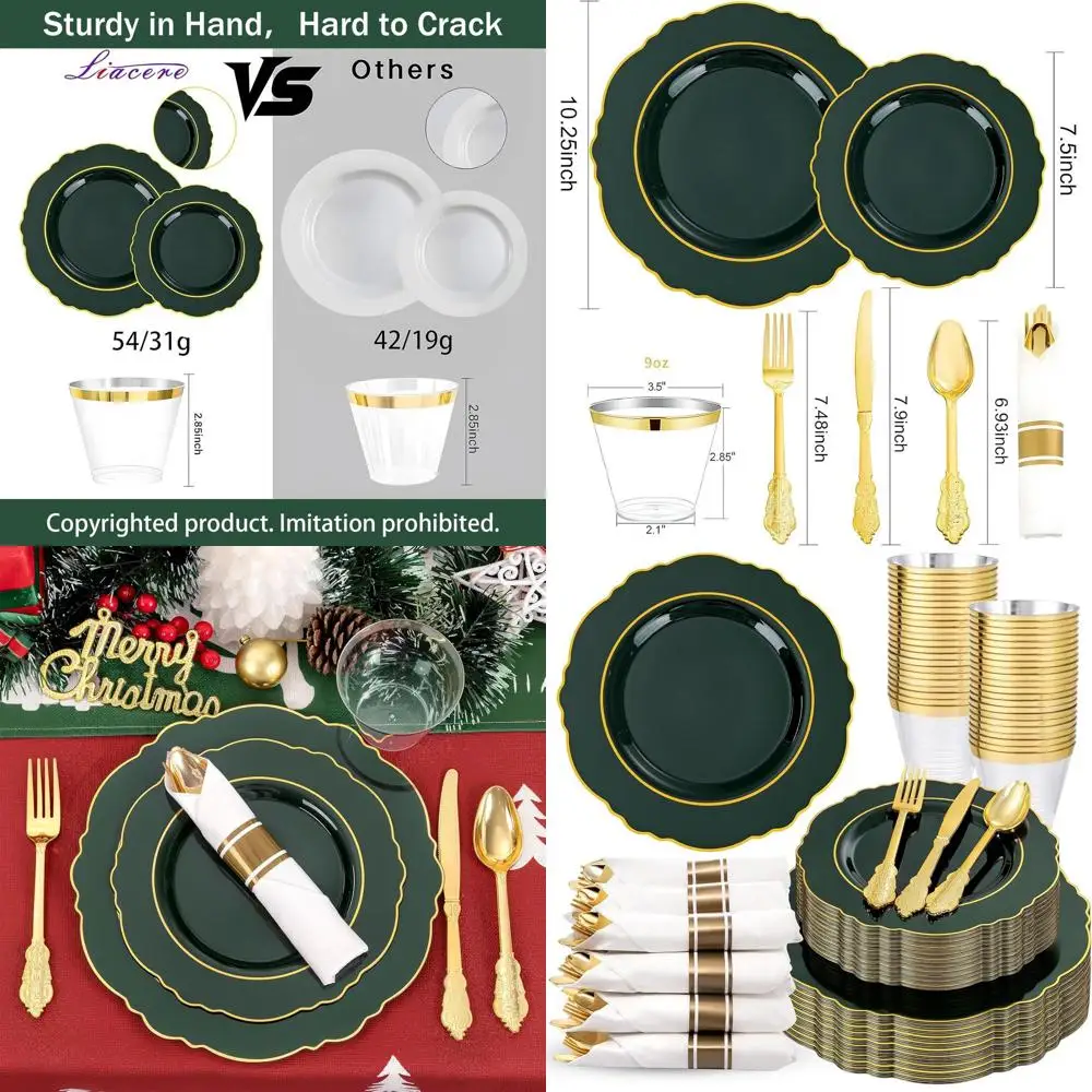 

Тарелки в темно-зеленой золотой оправе, 100 тарелок, 50 салфеток, серебро, 50 чашек для рождественской посуды