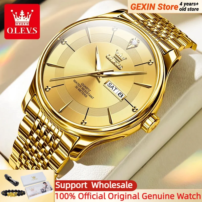 OLEVS Gold Watch for Men Original Quartz Watch Luxury Elegant Week Date Luminous Waterproof Stainless steel Men's Watches Trend