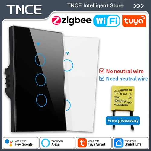 TNCE Tuya US Switch WIFI o Zigbee necesita/sin necesidad de cable neutro requiere 1/2/3/4 Gang controlador táctil inteligente voz con Alexa Google Home