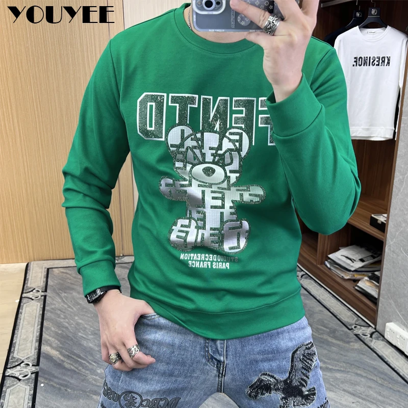 

O-Neck Mens Streetwear Hoodies Letter Bear Diamond Male Pullover Casual Youth Fashion Man Sweater Long Sleeve T-shirt Clothing