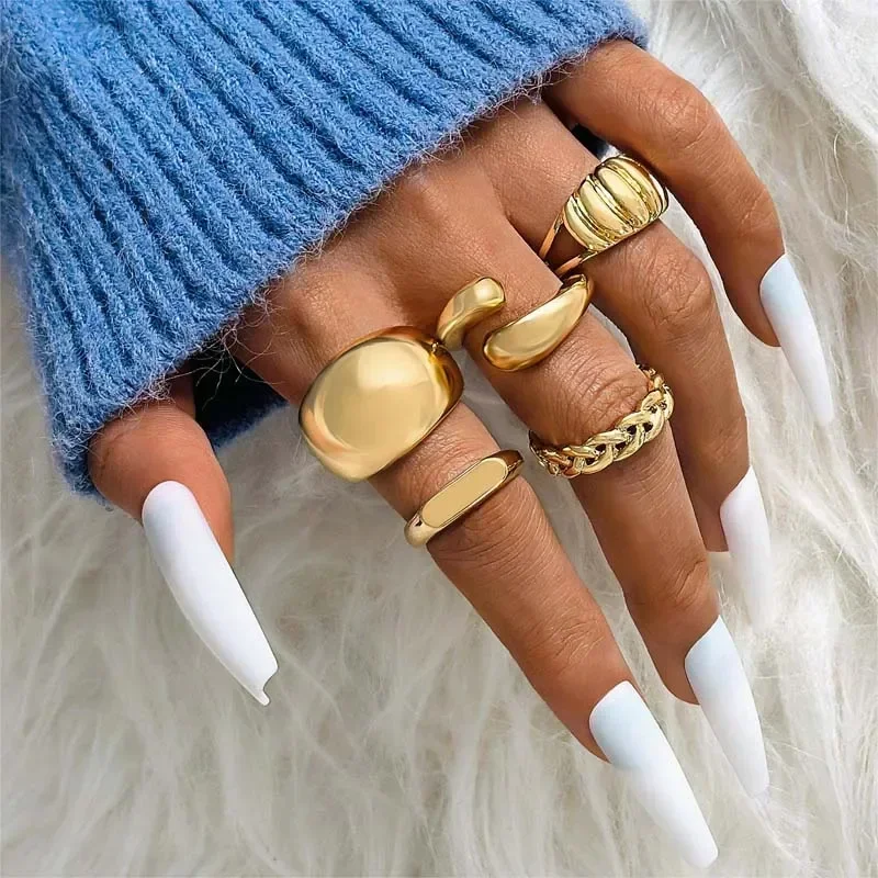 5Pcs/Set Fashion Gold Color Chain Pattern Ring Sets for Women Men Vintage Classic Irregular Adjustable Rings Jewelry Gifts 2024