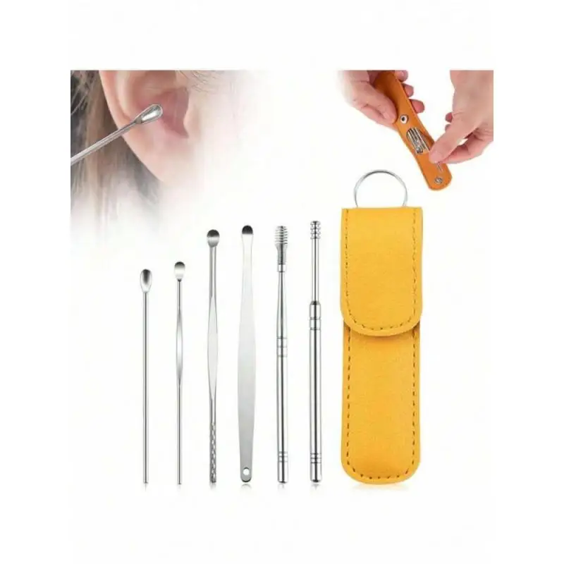 1Set 6Pcs Ear Cleaner Ear Wax Pickers Stainless Steel Earpick Wax Remover Piercing Kit Earwax Curette Spoon Care Ear Clean Tools