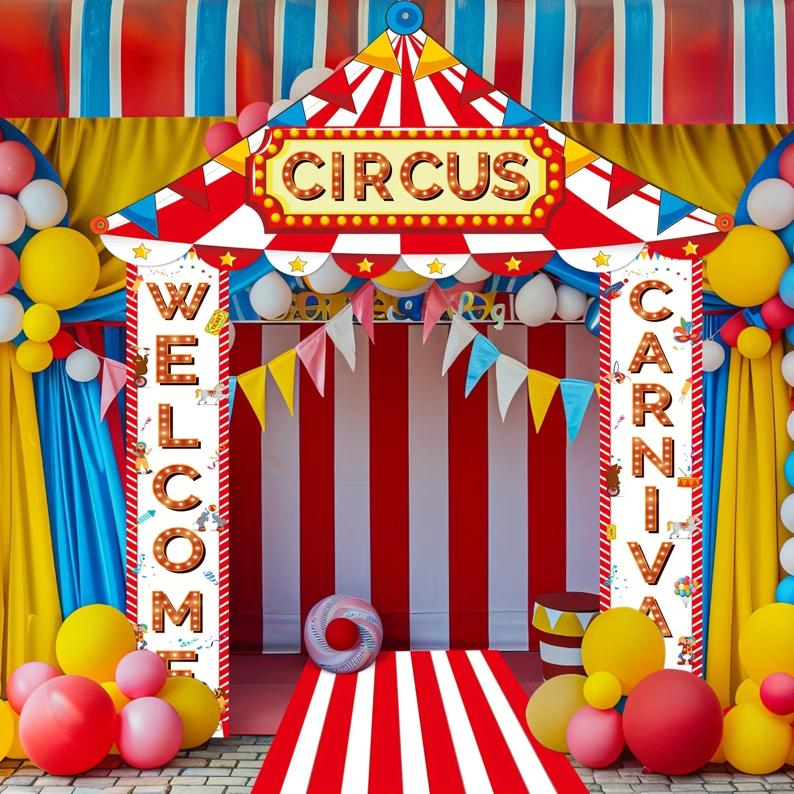 Rot-Weiß Gestreiftes Willkommensbanner für Karneval und Zirkus, Doppelseitiges Eingangsschild für Karnevalsparty, Kindergeburtstag und Themenveranstaltungen