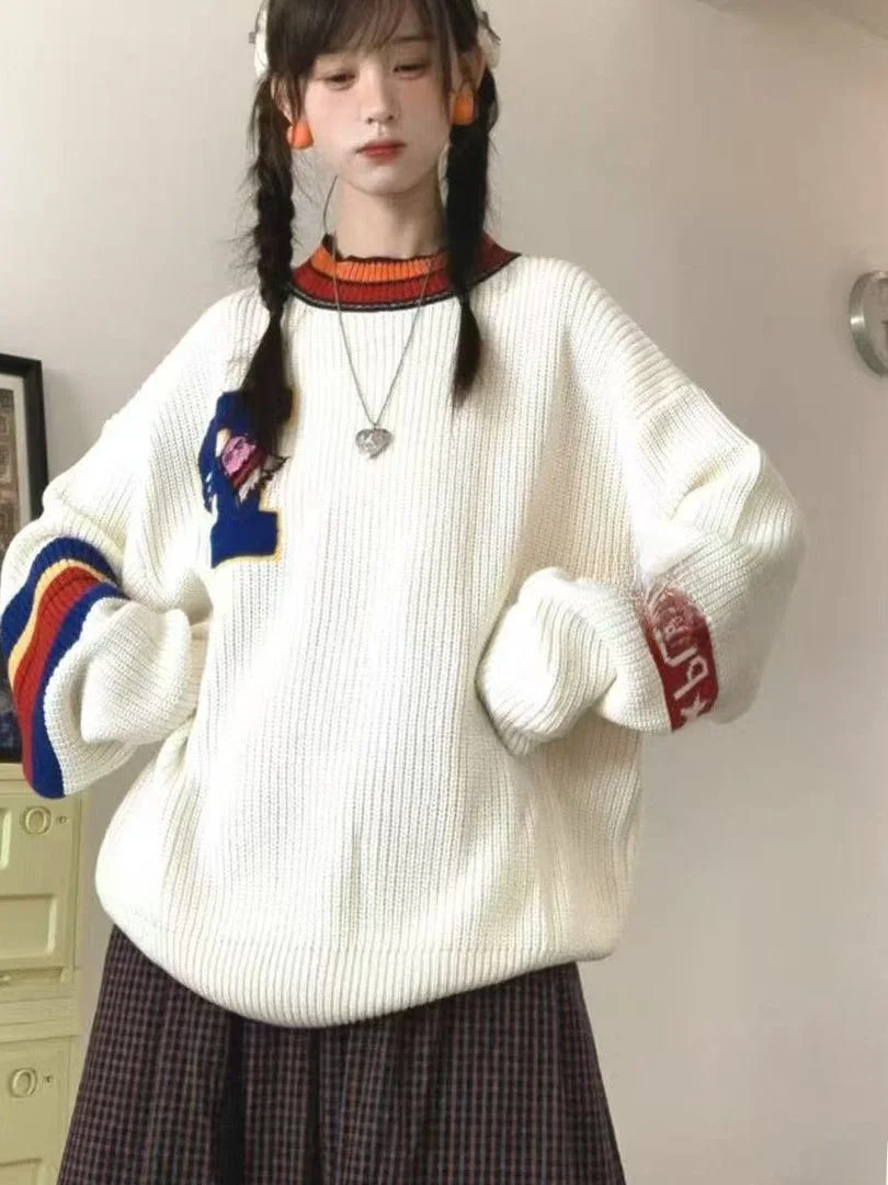 

Rainbow Letter Knitted Sweater Hoodie Women's Autumn Winter New Sle College Sle Lazy Korean White Warmth Heating Long Sle...