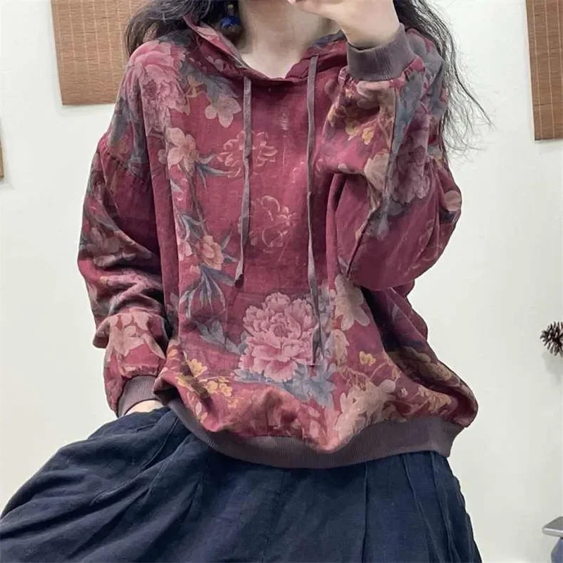 Herbst Neue Literarischen Retro Blume Gedruckt Hoodie Frauen Mode Mit Kapuze Pullover Ethnischen Stil Baumwolle Tops