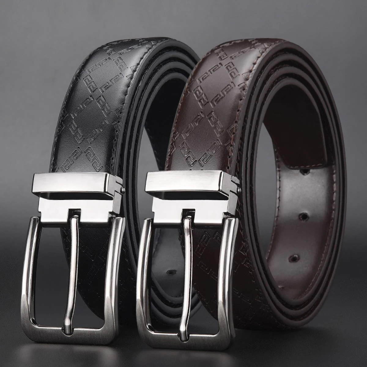 Men Business Fashion Premium PU Belt Embossed Square Pattern Pin Buckle Waist Belt For Formal Pants Jeans Daily Wear, Ideal Gift