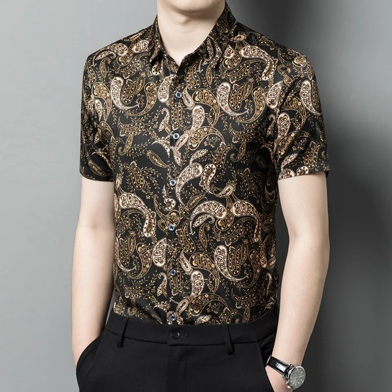 High Quality Luxury Paisley Shirts 100% Real Mens Natural Silk Clothing Gold Black Satin Smooth Blouses Large Size Party Wear