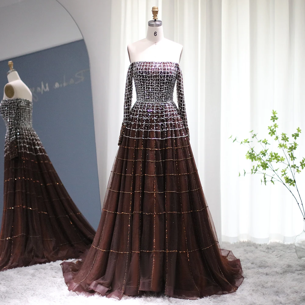 Sharon Said Luxury Dubai Brown Off Shoulder Evening Dresses Long Sleeve for Arabic Wedding Party Prom Gown SS022 Customized