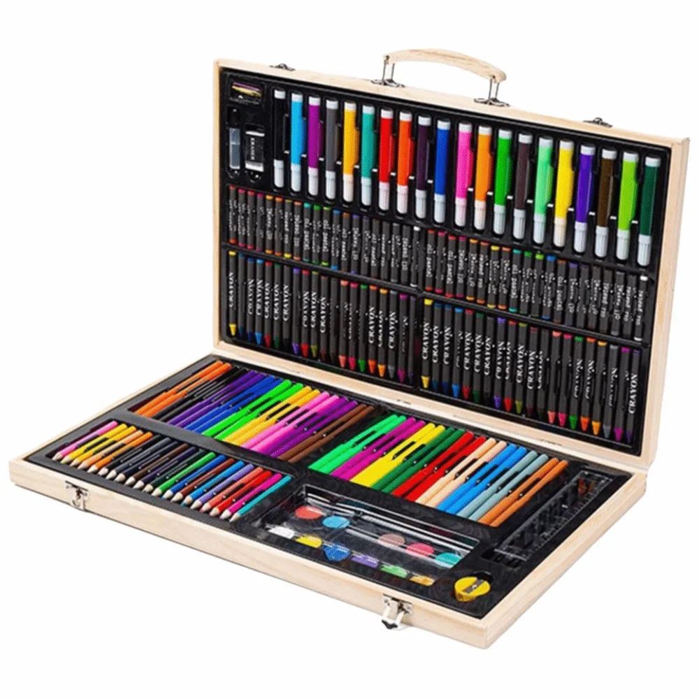 

180Pcs Wooden Box Brush Set Washable Gift Box Art Painting Set Painting Drawing Watercolor Paint Painting Supplies