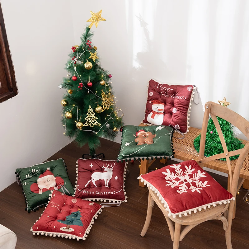 Christmas Chair Cushion Square Seat Cushion Chair Pads for Kitchen Dining Chairs Velvet Chair Mat Pillow Cushions with Ties