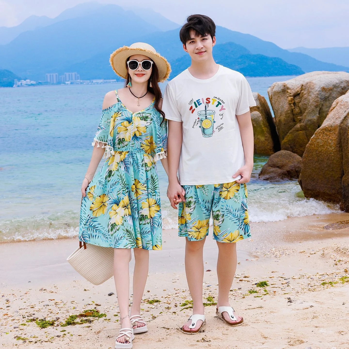 Vacation Family Matching Couple Clothes Resort Mom Daughter Shoulder Tassel Midi Sundress Dad Son T Shirt Shorts Beach Outfit