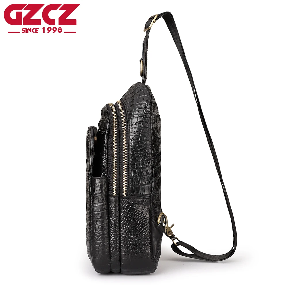 GZCZ Classic Crossbody Bag For Men Layer Leather Crocodile Pattern Chest Bag Retro Mobile Phone Bag Outdoor Travel Bag