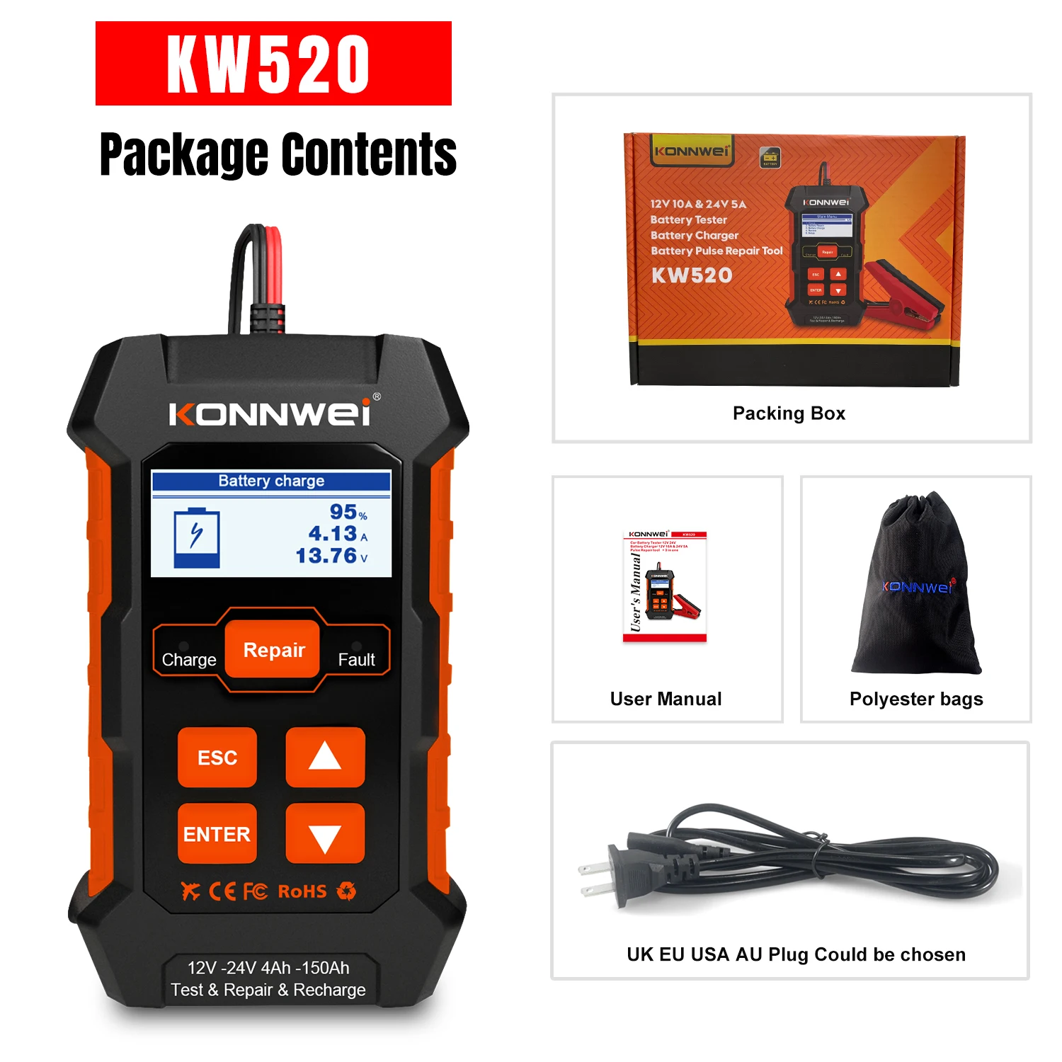 KONNWEI KW520 12-24v Car Truck Battery Inspection Tools Auto Charger Lead Acid Battery Pulse Repair Tool Battery Capacity Tester