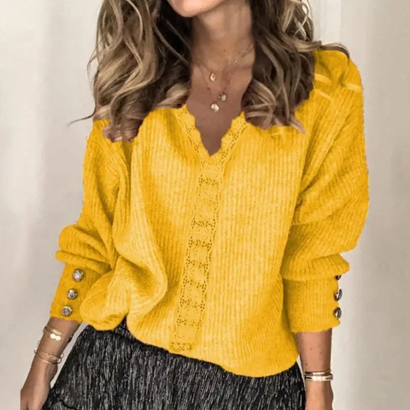 

Lace V-neck Pullover Q 73171 Cross-Border New Style Women's Silk Blend Long Sleeve Crew Neck Sweater for Ladies over 40