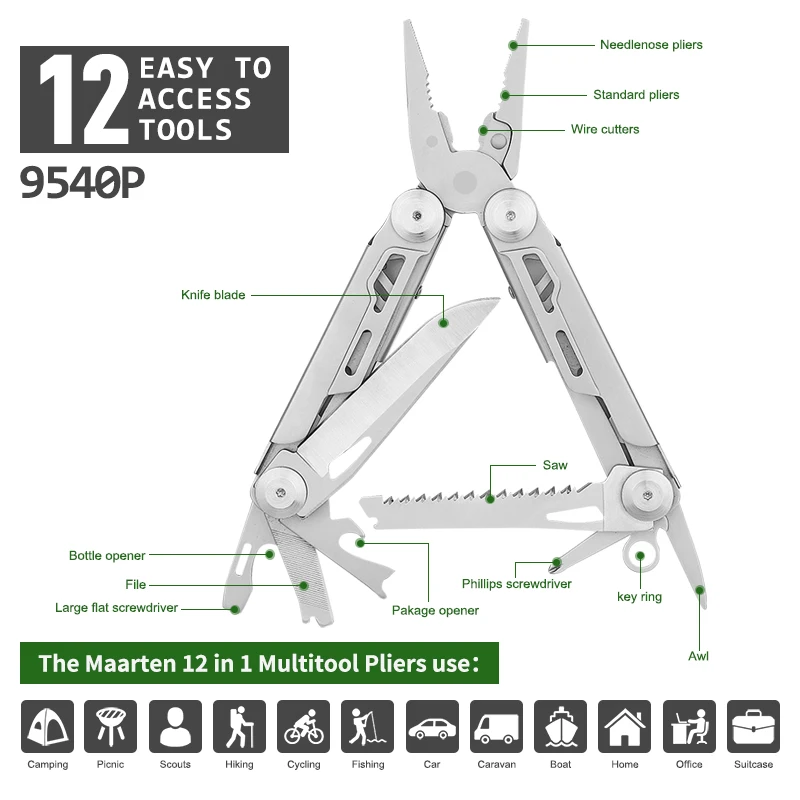 Multitool, 12-in-1 Multitools Pliers with ​Professional Multi-tool for Survival, Camping and Hunting, Gifts for Men Dad Hus band