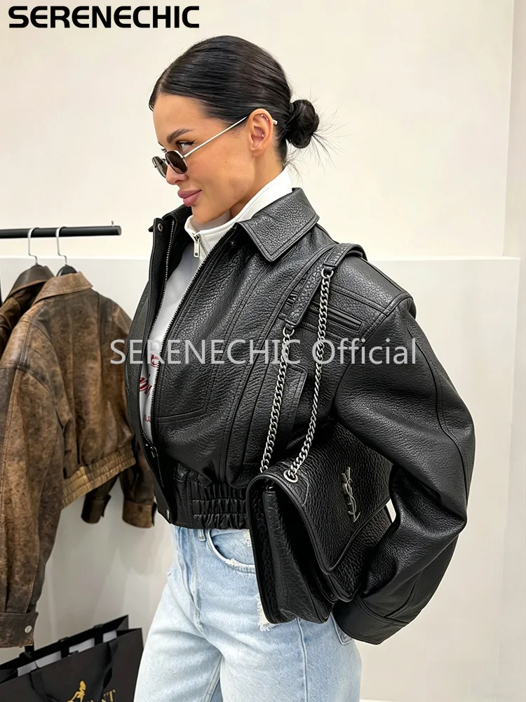 SERENECHIC Textured PU Aviator Coat with Elastic Hem Women's Black Cropped Faux Leather Jacket New Vintage Outerwear Female