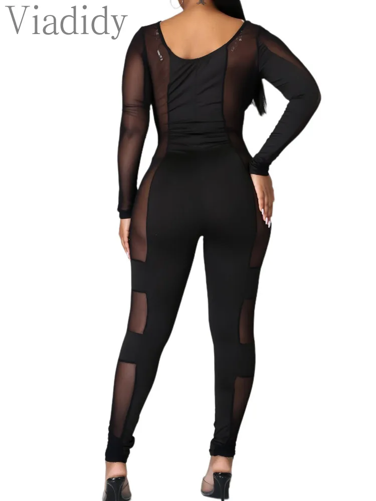 Women Sexy Mesh Sheer Skinny Jumpsuit