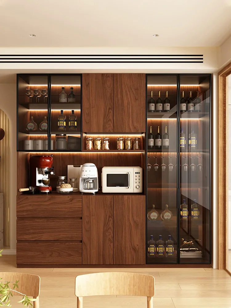 

Solid wood dining side cabinet custom oak living room household walnut glass cupboard cabinet integrated high
