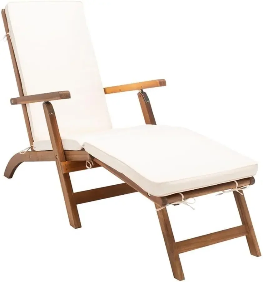 Outdoor Collection Palmdale Natural Brown Solid Wood/Beige Cushion Chaise Lounge Chair