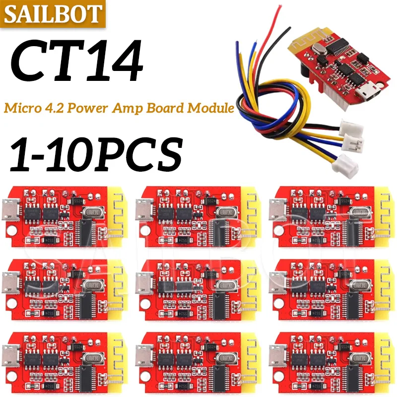 1~10PCS CT14 Micro Stereo Bluetooth 4.2 Power Amplifier Board Module 3.7v 5V 5W+5W Mini with Charging Port