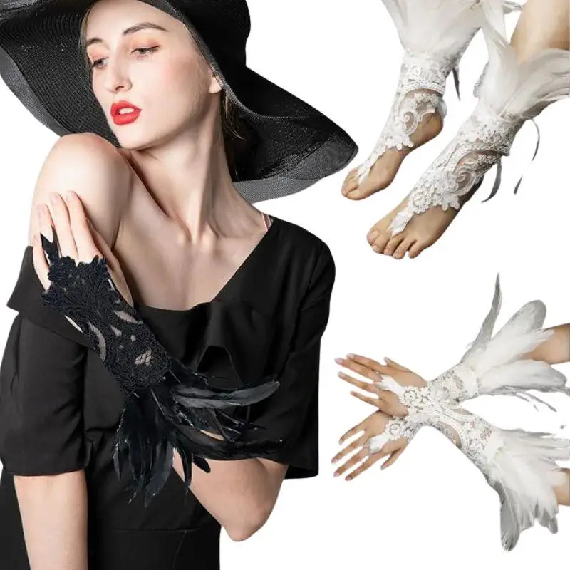 

Punk Gothic Gloves Feather Wrist Cuff Carnival Stage Show Showgirl Natural Dyed Rooster Feather Arm Warmer Party Cosplay Costume
