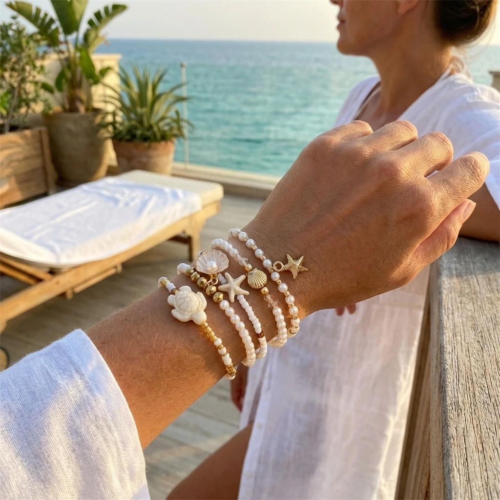Multilayer Sea Turtle Shell Chain Bracelet Set for Women Elegant Starfish Imitation Pearl Bracelets Resort Wear Jewelry Gift