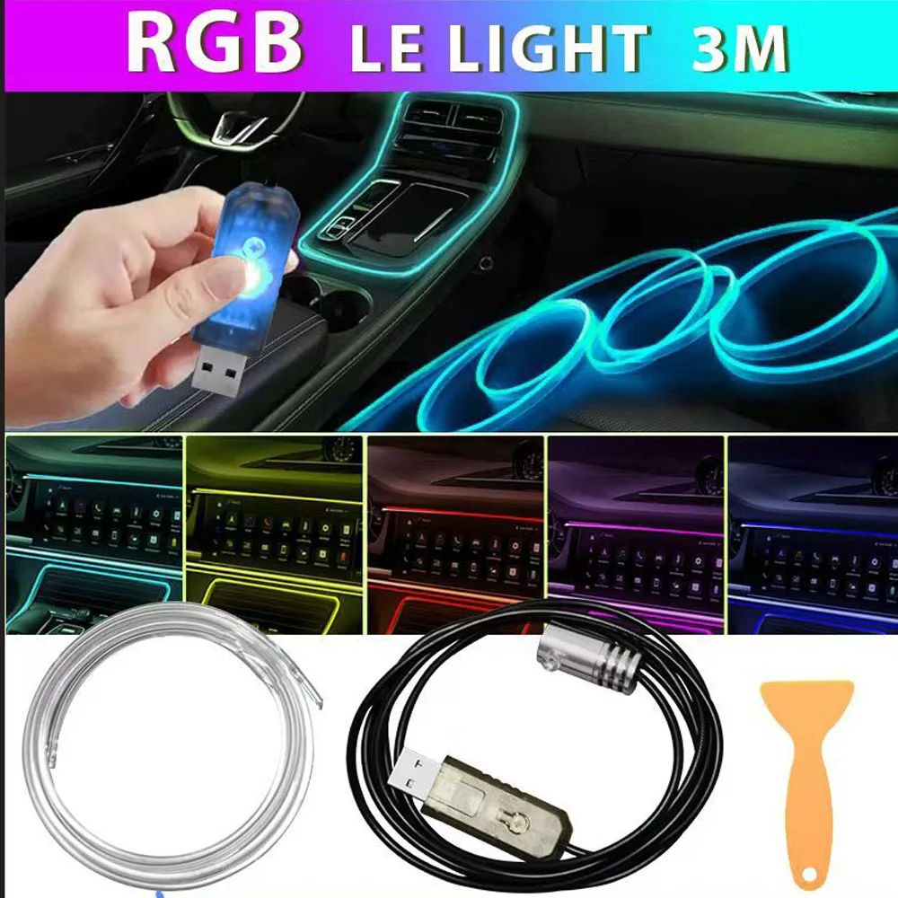 3M Color Car Interior Lights Voice Control Decorative Ambient EL Cold Lights Flexible Neon RGB LED Strips USB Fiber Optic Lamp