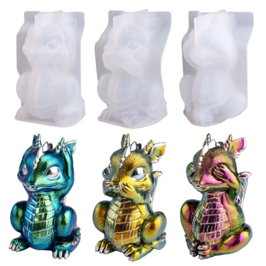 Dragon Resin Molds, Hear, Speak, See No Evil 3 Pcs Dragon Epoxy Resin Molds, Lively 3D Animal Silicone Molds for Epoxy Resin, A