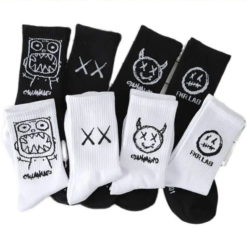 Men Women Socks Cotton Simplicity Anime Devil Grimace Harajuku Black White Graffiti Fashion Long Funny medias Hip Hop Sox Unisex