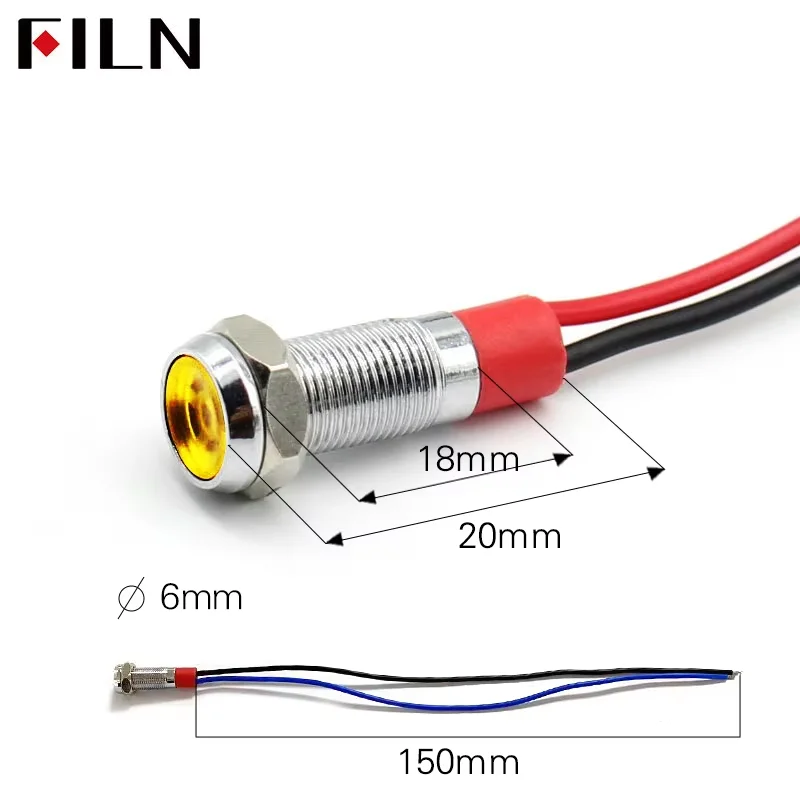 6mm/8mm/10mm Flat Head Indicator Lights with Metal Silver Shell Metal Signal Indicator Light Lamp With Cable 15cm