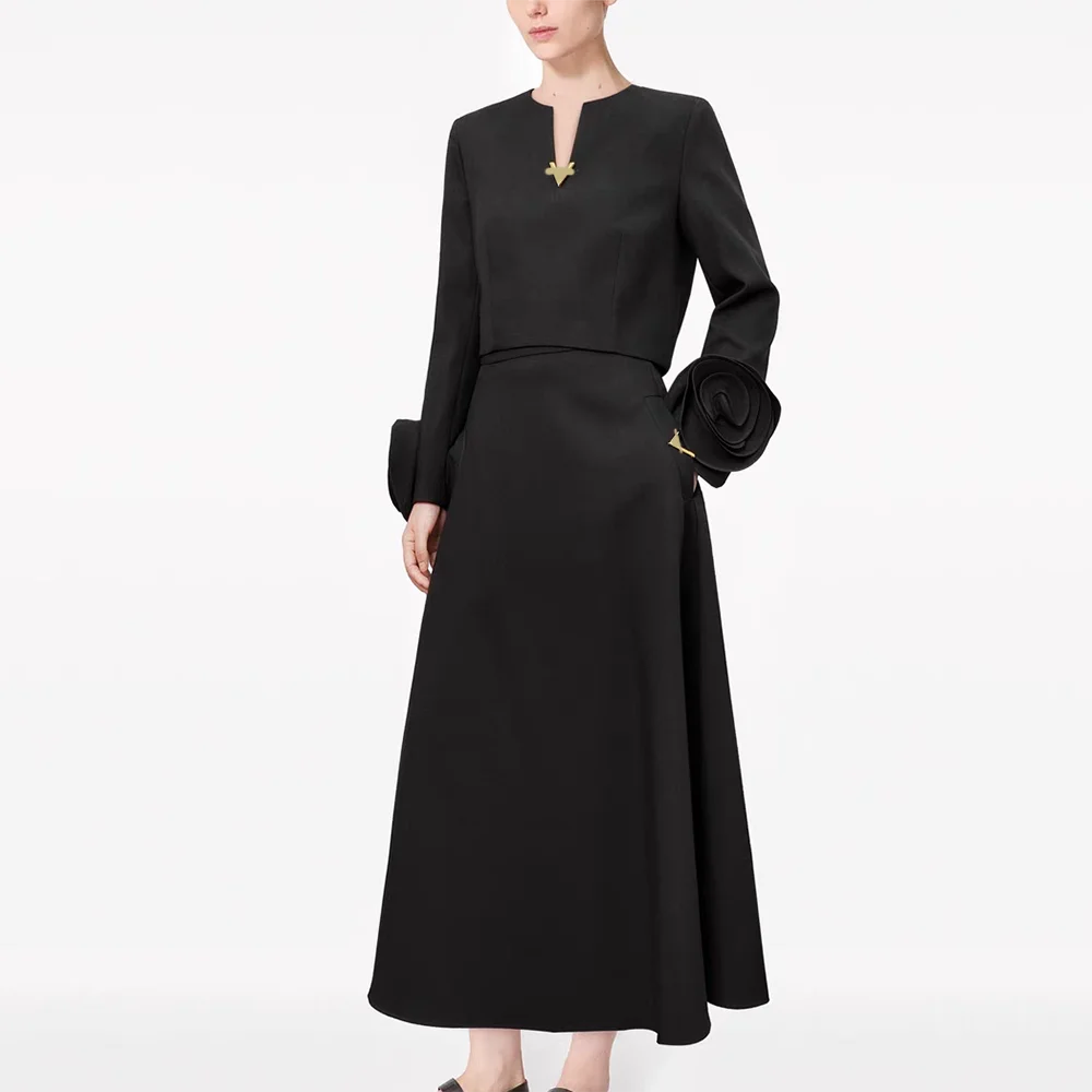 Deuxtwinstyle solide deux pièces ensemble pour les femmes col en V à manches longues épissé Appliques haut taille haute jupe lâche ensembles élégants femme