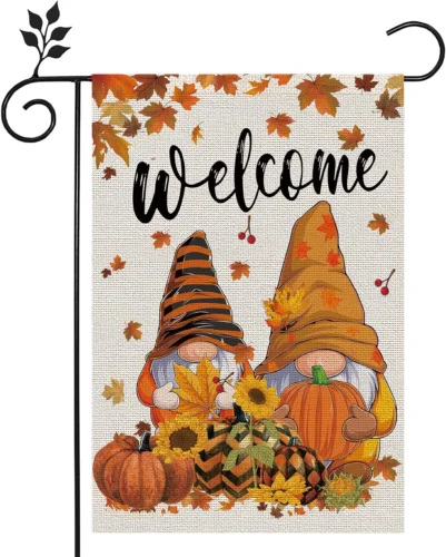 Fall Garden Flag Gnomes Yard Flag Autumn Pumpkins Burlap Harvest Maple Leaves Su WWL UUN