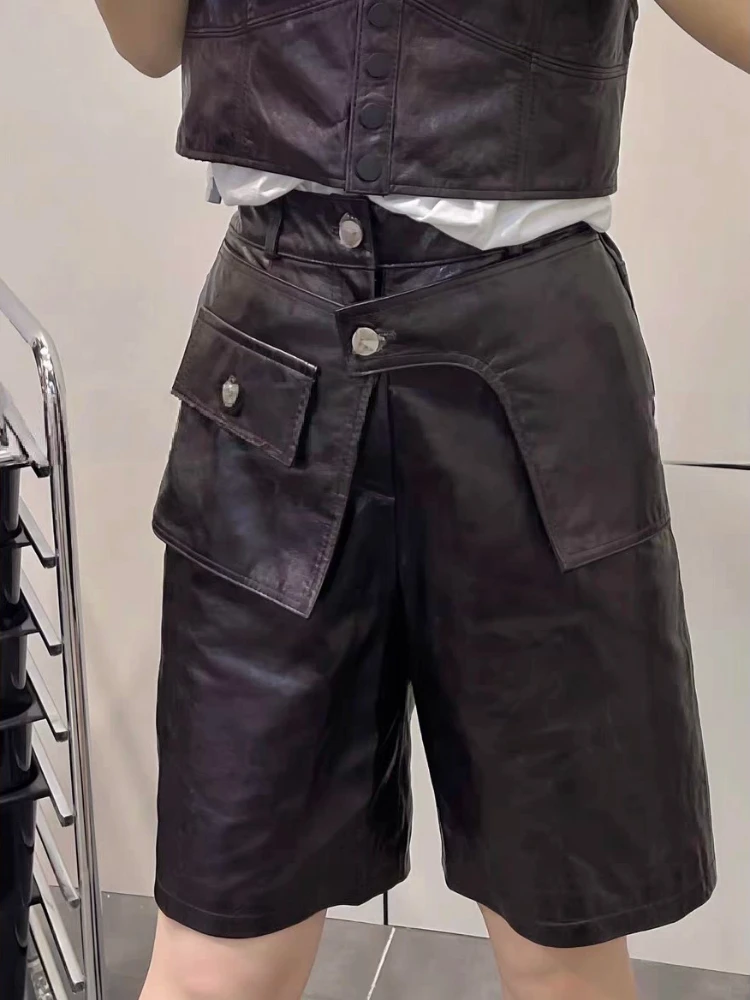 

Women Protein Leather Casual Pants Autumn Winter Elegant High Waist Five-Point Trousers Artificial PU Commuting Wide Leg Pant