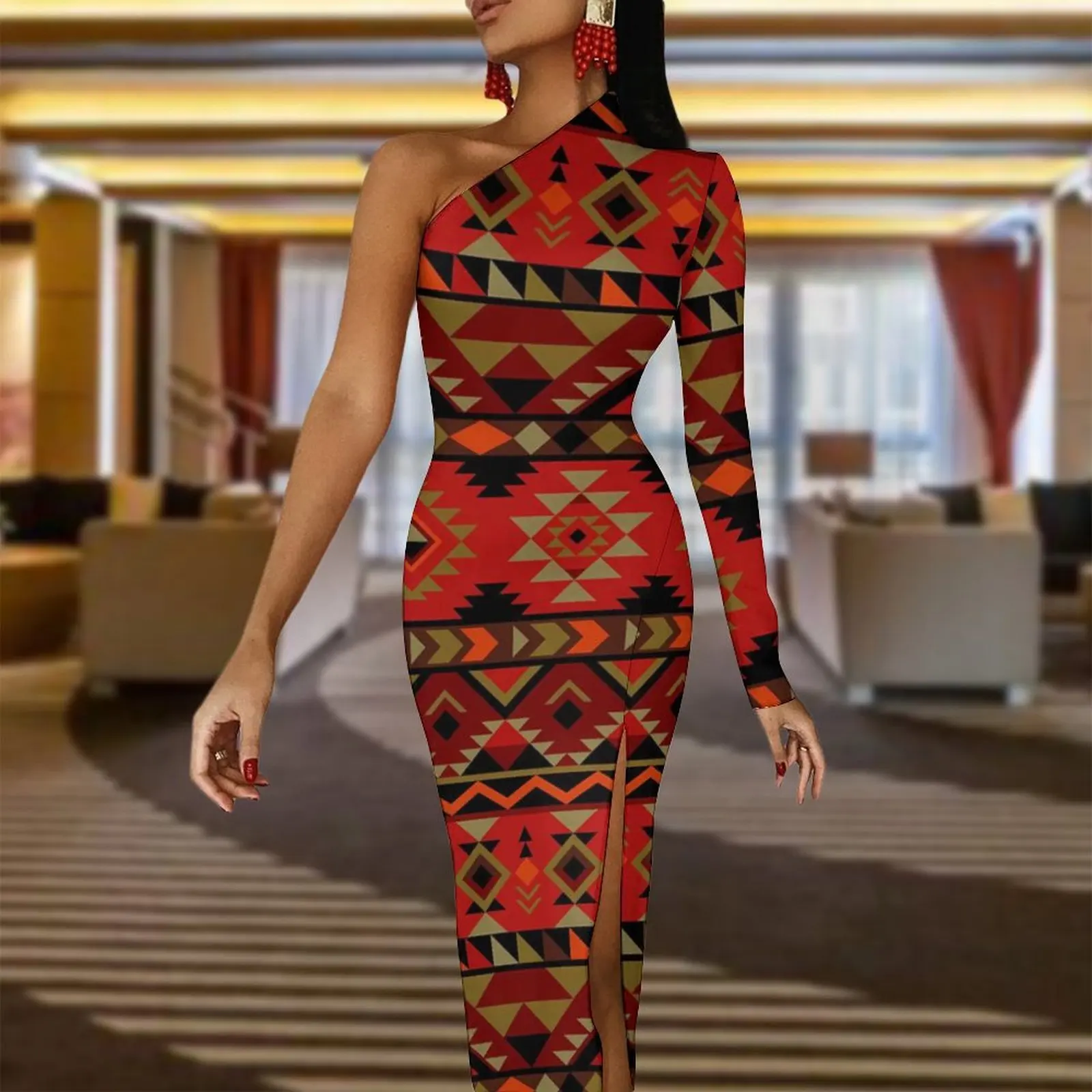 Vintage Ethnic Maxi Dress Long Sleeve Red Aztec Print Vintage Bodycon Dress Autumn Aesthetic Long Dresses Women Printed Vestidos